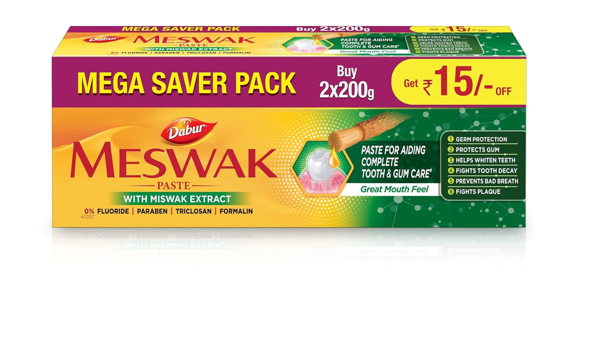Dabur Meswak: India's No-1 Fluoride Free Toothpaste with Antibacterial, Anti Inflammatory & Astringent benefits,Cavity Protection|Helps fight Plaque, Tartar, Cavity and Tooth Decay- 400 gram(200gm*2)