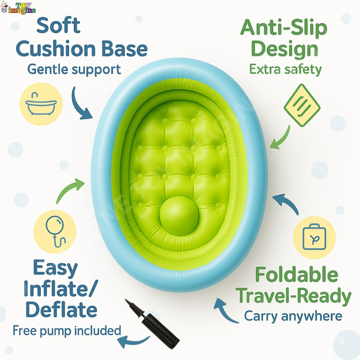 Toy Imagine 3 ft Inflatable Baby Bath Tub – Oval Foldable Swimming Pool for Kids, Boys & Girls | Indoor & Outdoor Use with Manual Hand Pump (86 × 64 × 23 cm, Blue)
