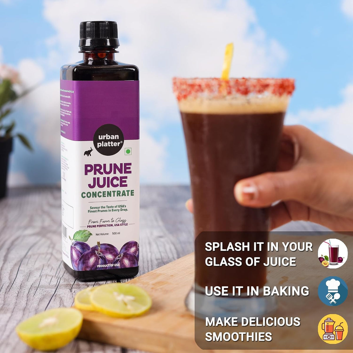 Urban Platter Prune Juice Concentrate, 500ml (Product of USA | Finest Prunes in Every Drop, High in Dietary Fiber)