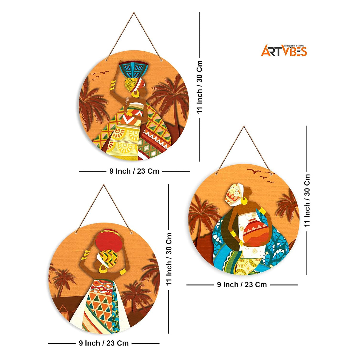Artvibes African Village Themed Warli Art Round Wooden Wall Hanger for Home Decor | Living Room | Handcrafted Art | Wall Illustrations | Art Prints | Aesthetic Wall Art | Gifts (WH_4201N), Set of 3