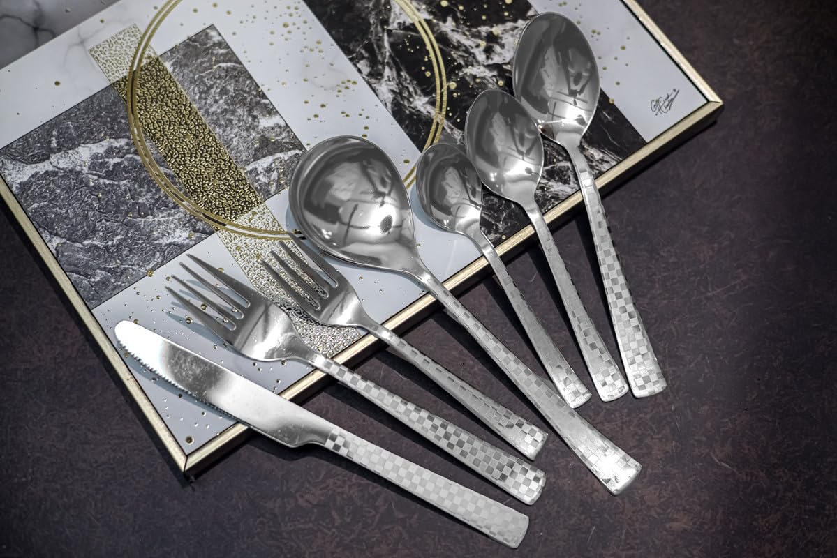 Parage 6 Pieces Stainless Steel Premium Dinner Knives, Butter Knife Set, Silver, Checks Design, 21 cm