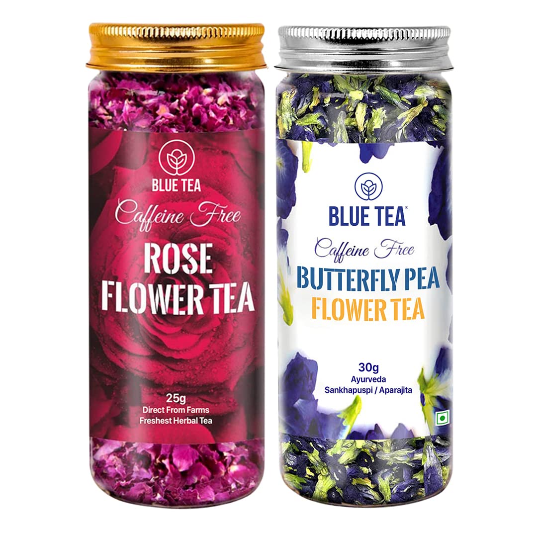 BLUE TEA - Combo Pack - Butterfly Pea Flower Tea (30g - 30 Cups) + Rose Tea (25g - 25 Cups) | DETOX TEA | Vitamin-C Rich - Caffeine Free - Natural Ingredients | Flower Based | Herbal Tea | Pet Jar