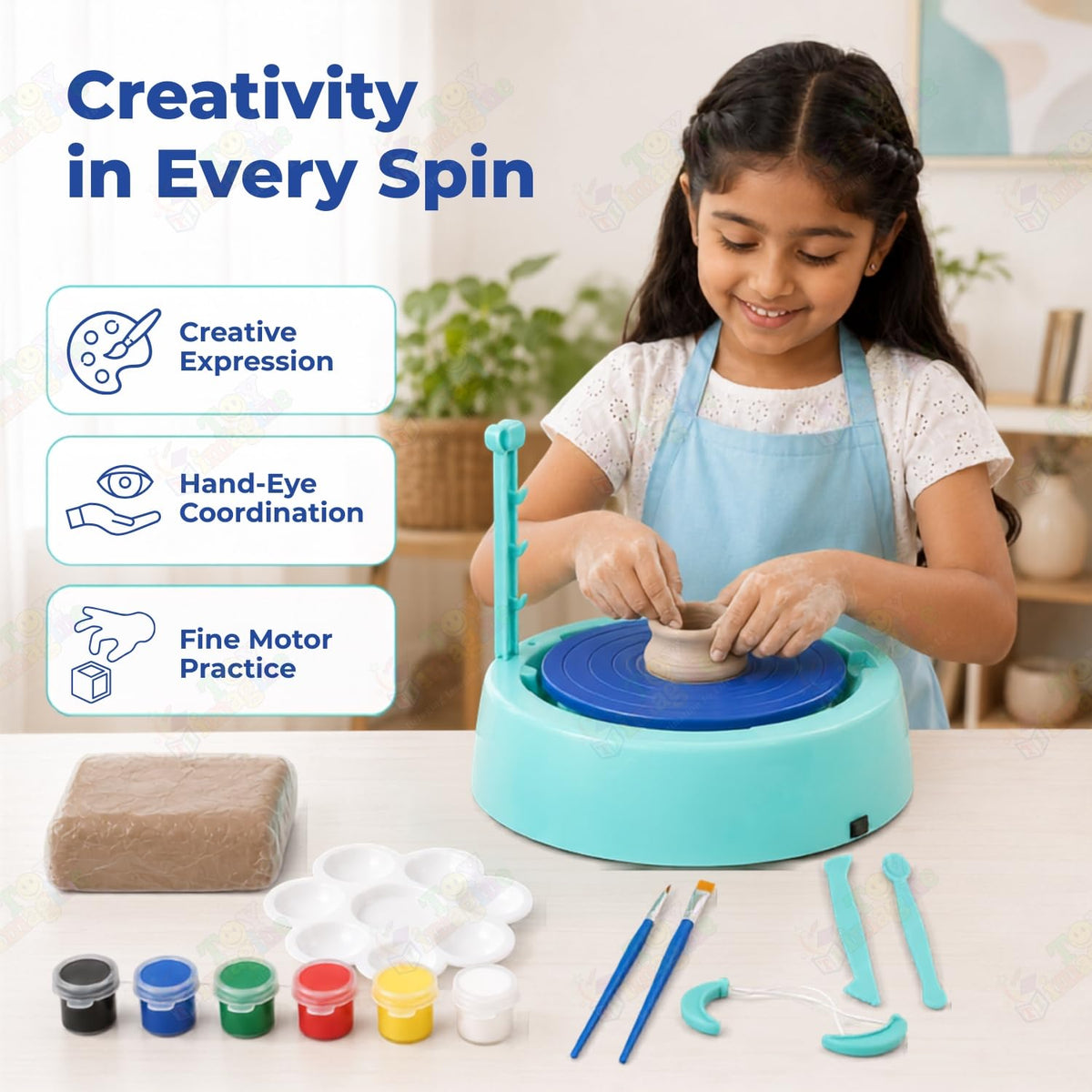 Toy Imagine Kids Pottery Wheel Kit – DIY Battery Operated Pottery Making & Painting Set with Modeling Clay, Sculpting Tools, Arts & Crafts Pot Maker for Boys & Girls Age 5+, Indoor Outdoor Activity, Diwali Gift