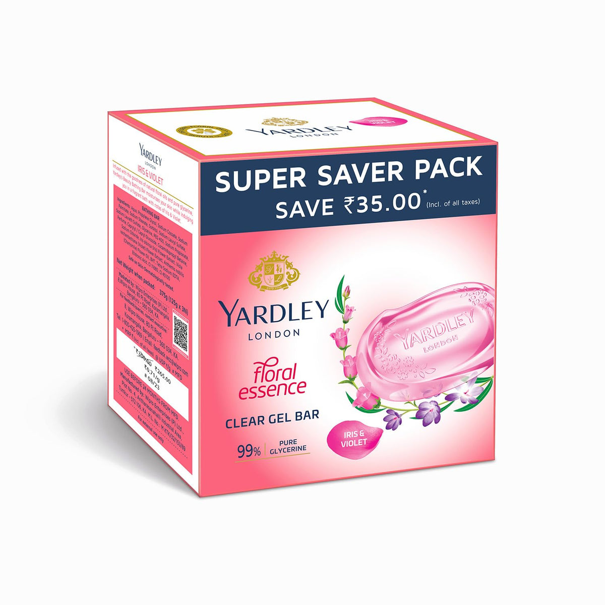 Yardley London Yardley Clear Gel Bar Iris And Violet - With 99% Pure Glycerin And Natural Floral Oils -125Gx3