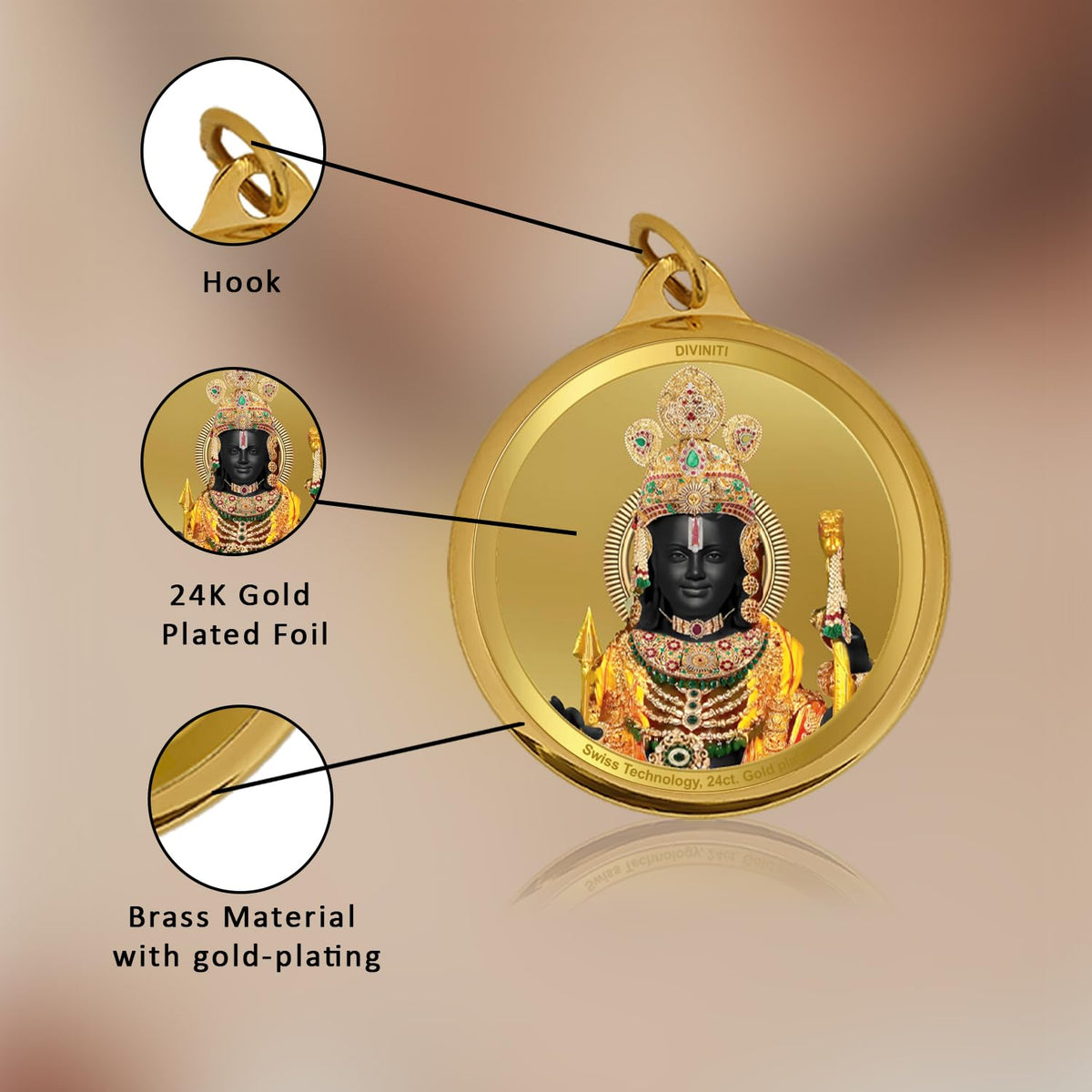 Diviniti 24K Gold Plated Ram Lalla & Ram Mandir Pendant For Men, Women & Kids| 28 MM Double Sided Stylish Pendant Necklace For Girls| Divine God Pendant For Birthday Gift, Anniversary Gift
