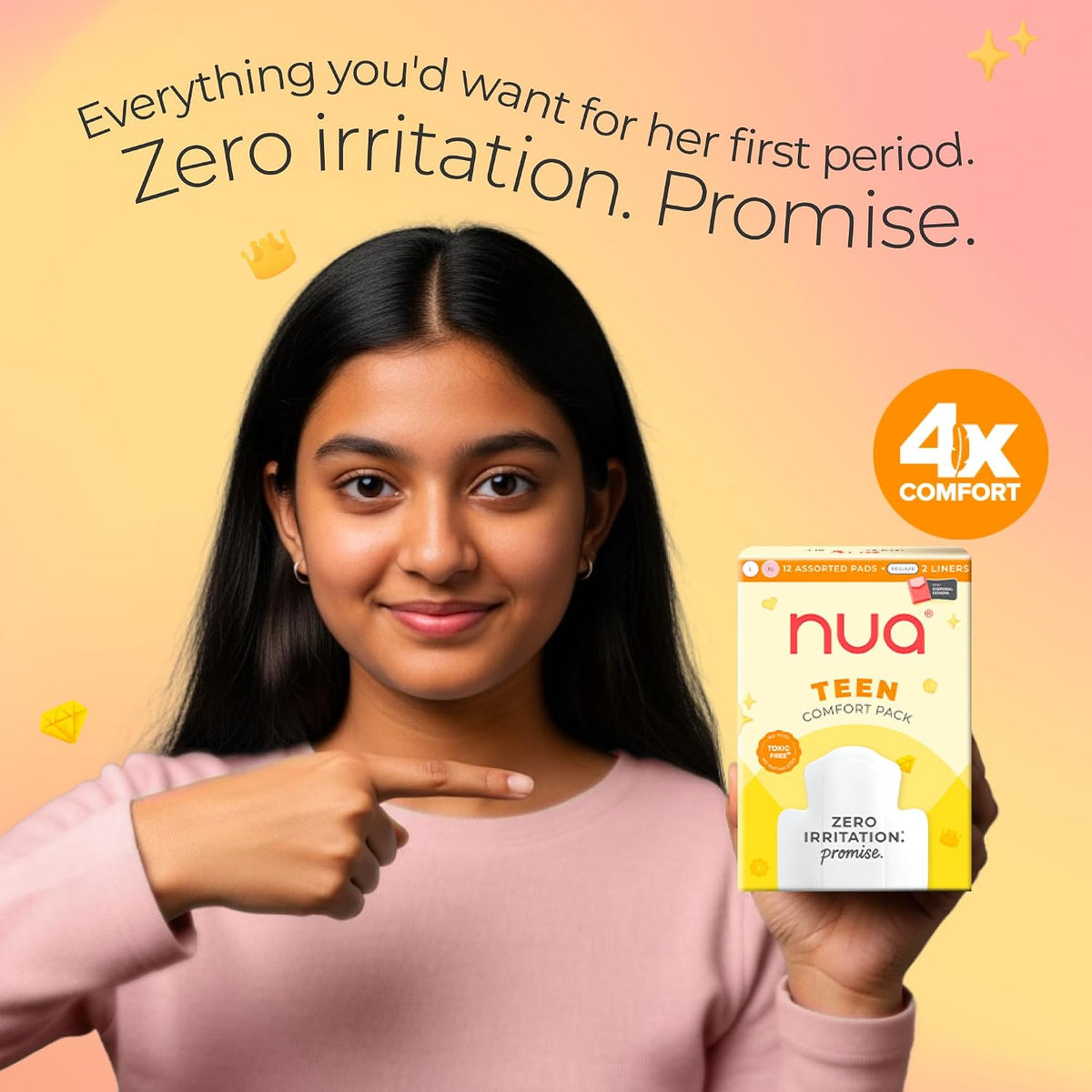 Nua Teen Comfort Sanitary Pads for Teens | Sanitary Pads and Panty Liners | Zero Irritation Promise | 4x Comfort | 100% Toxic-free | Starter Pack for Teens | 14 Count (12 Pads + 2 Liners)