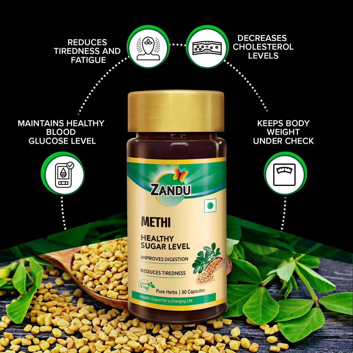Zandu Methi Capsules (Fenugreek), Extracts of Methi (60 Veg Capsules x 2)