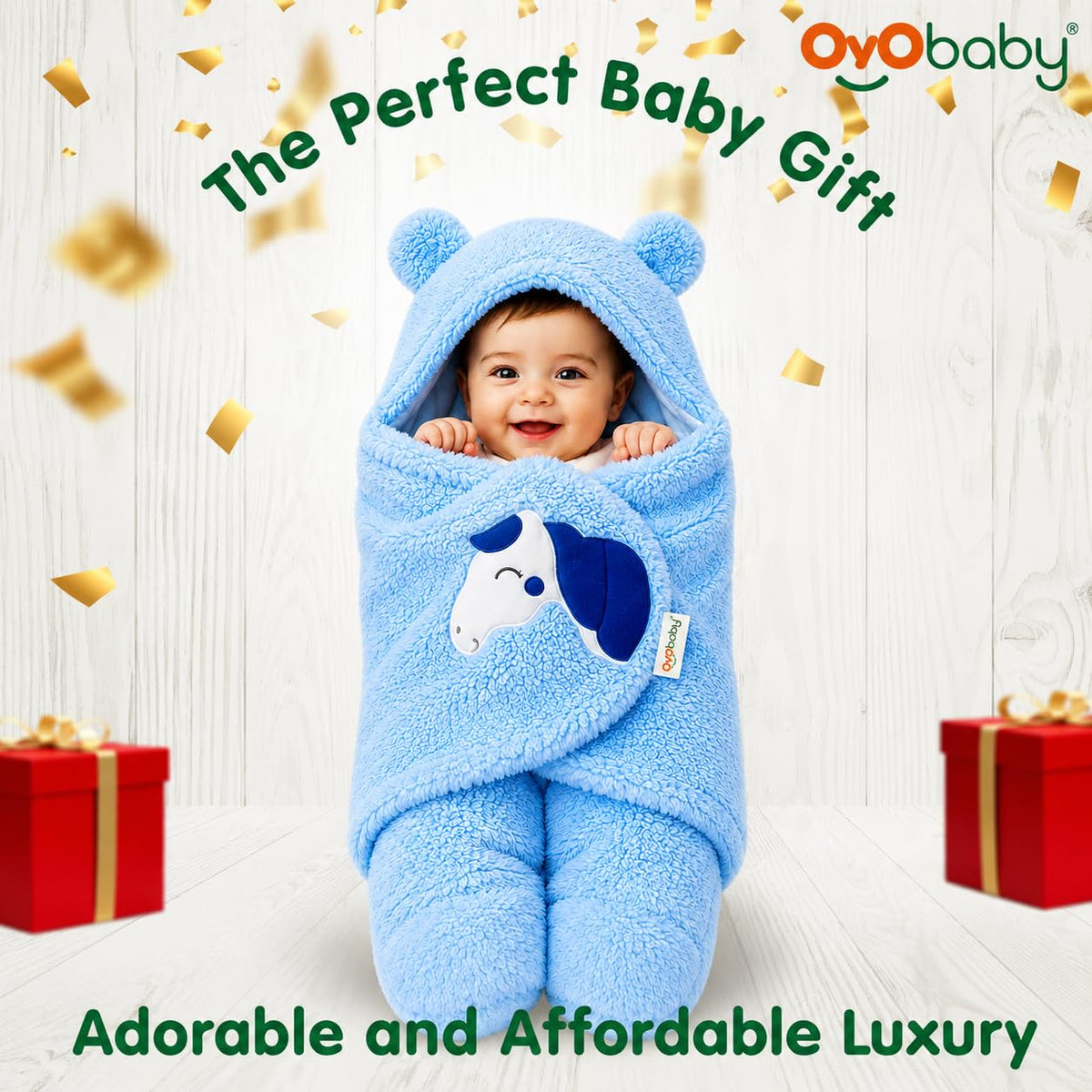 OYO BABY Hooded Swaddle Blanket for Newborns | Super Soft Flannel Wearable Sleeping Bag Wrap | Warm, Cozy & Breathable | Easy Wrap Design | 0–6 Months (72x68 cm) | Unicorn Blue
