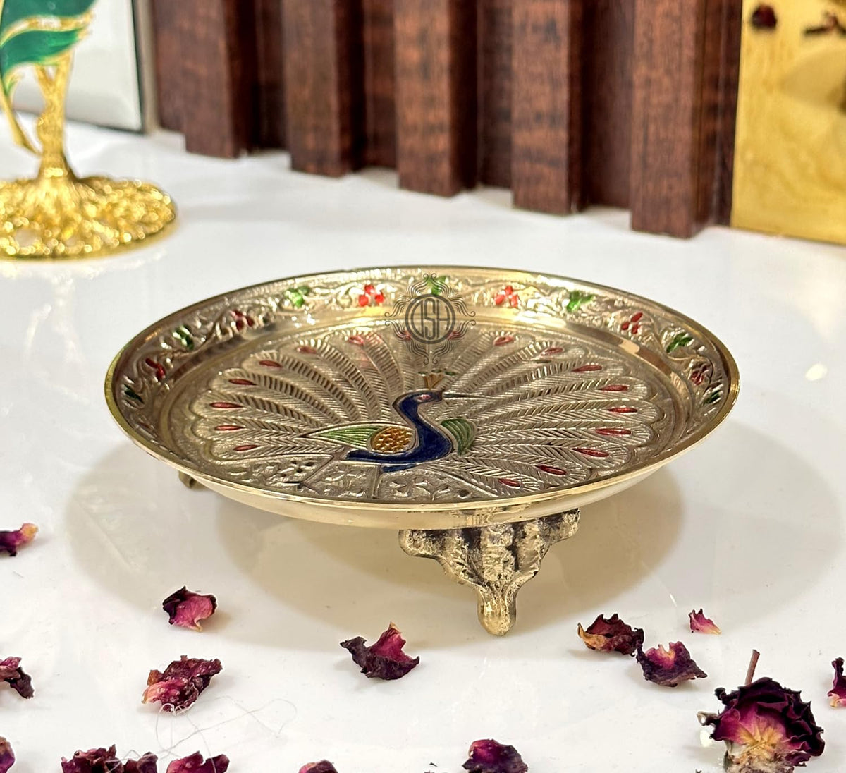 DSH Pure Brass Puja thali Plate with Peacock Embossed Design Best for Home Office Pooja Purpose Handicraft (15 cm)