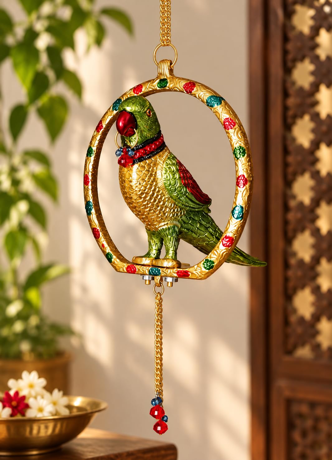 KridayKraft Multicolour Parrot Door Hanging, 29 cm Decorative Bird on Engraved Ring with Hanging Chain for Home Entrance, Living Room, Balcony and Housewarming Gift