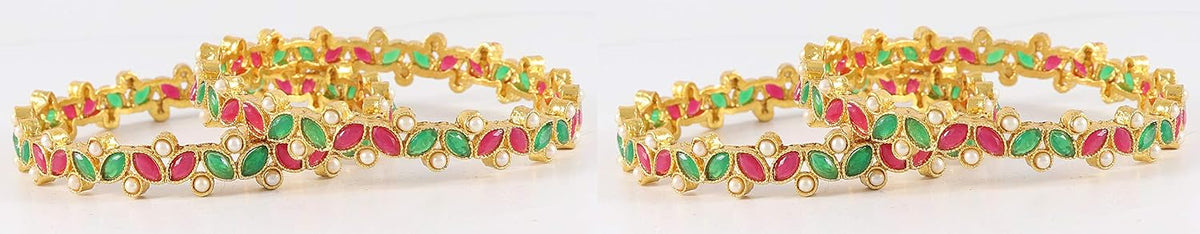 NMII Metal With Kundan and Beads Studded Flower Look Kada Set For Women and Girls