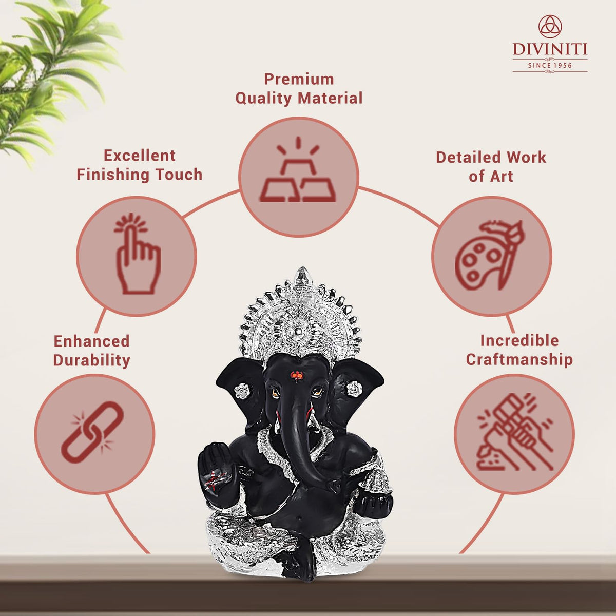DIVINITI 999 Silver Plated Resin Lord Ganesha Idol for Car Dashboard, Tabletop|Ganesh Statue for Good Luck and Success|Ganpati Murti for Home Decor Mandir, Office Desk Puja Gift Black (8.4x4.2cm)