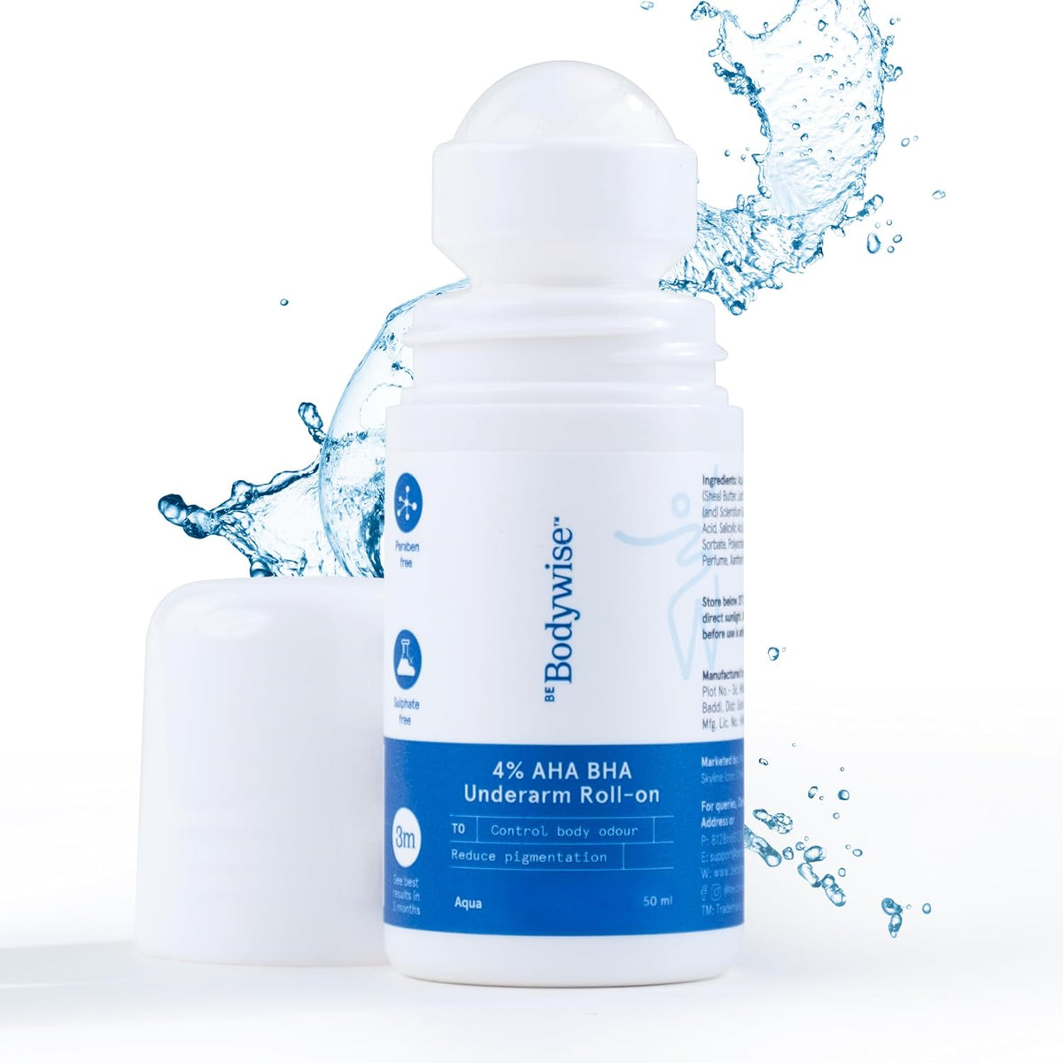 Be Bodywise 4% AHA BHA Underarm Roll-on for Even Tone Skin,Reduces Body Odor & Pigmentation | 2% Lactic Acid, 1% Mandelic Acid, 1% Salicylic Acid | 0% Alcohol & 0% Aluminium | Aqua Fragrance, 50ml