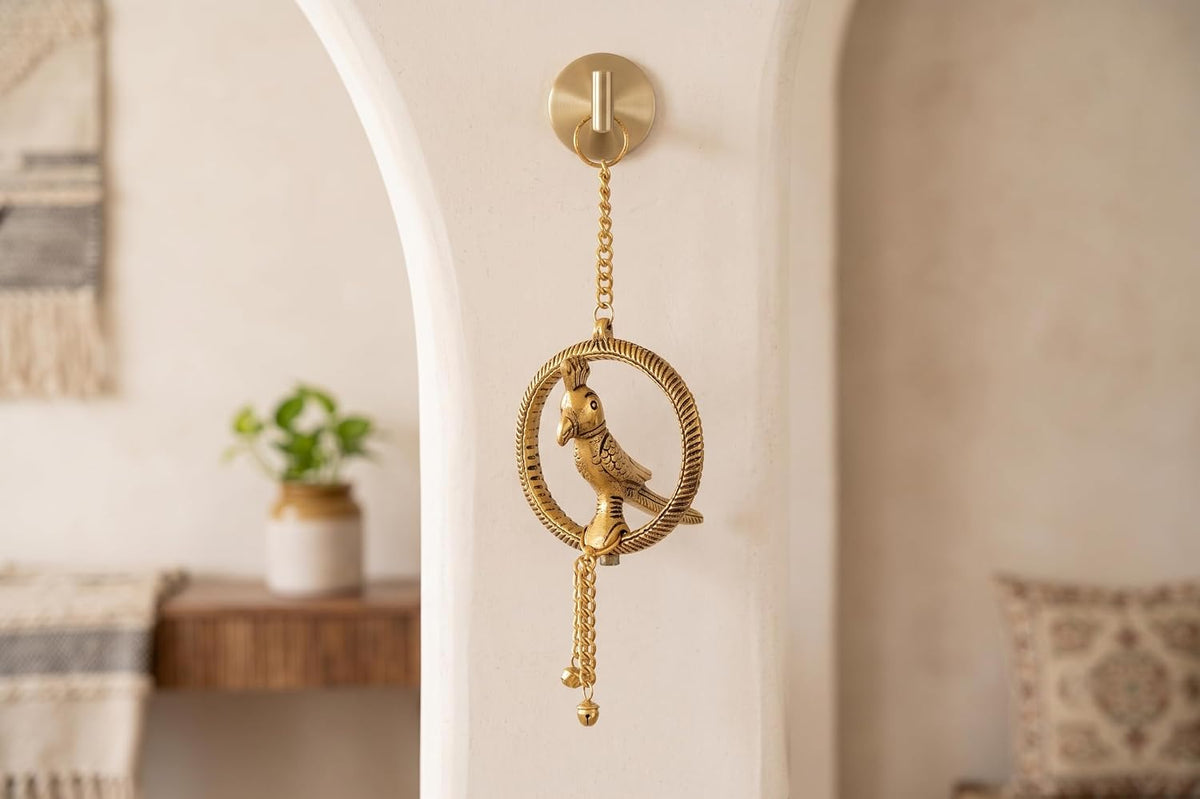 KridayKraft Decorative Metal Parrot Wall Hanging – Golden Ring Design with Bells, Traditional Home Decor Item for Living Room, Entrance & Gift.