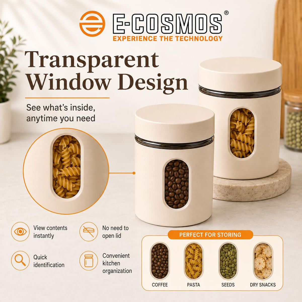 E-COSMOS® 500 ml Plastic Kitchen Storage Container Pack of 2 - Airtight Oval Container with Clear Window for Snacks, Tea, Coffee & Dry Fruits (Multicolor) (Pack Of 2, 500, Milliliters)