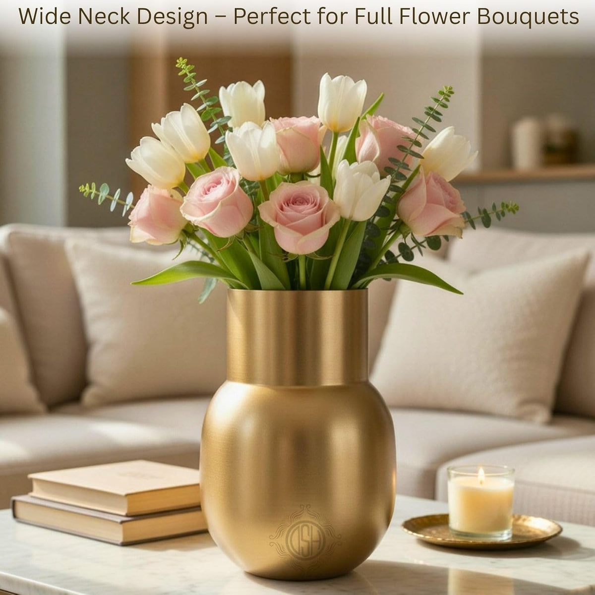 DSH Gold Flower Vase Modern Metal Flower Pot (6.5X11 Inch) for Home Décor Elegant Decorative Vase for Living Room, Office & Table Centerpiece