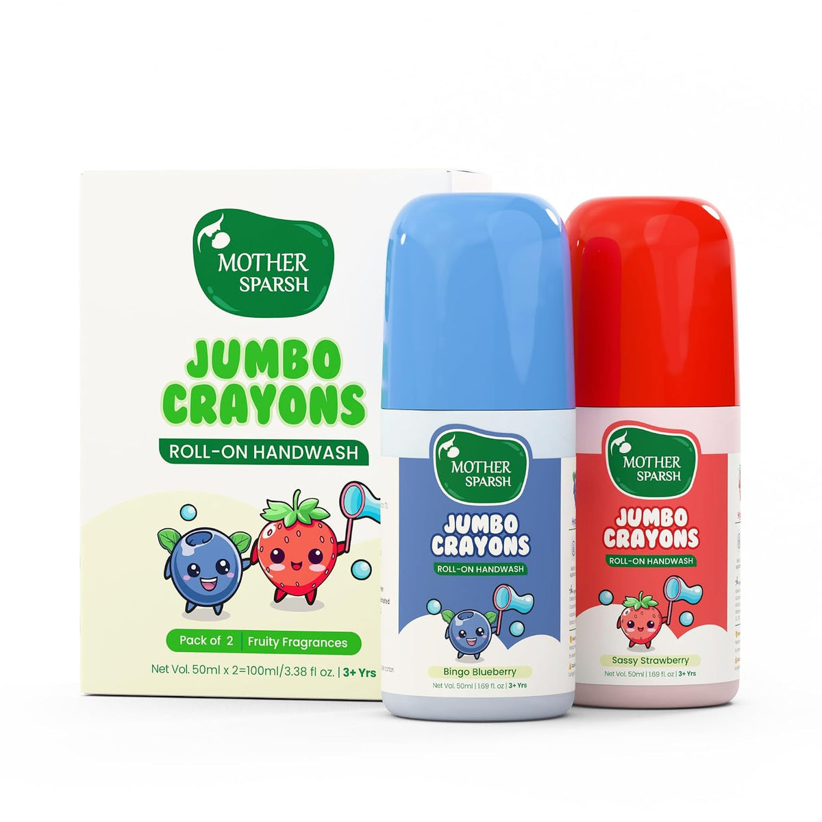 Mother Sparsh Jumbo Crayon Roll-On Kids Handwash (Pack of 2) | Strawberry & Blueberry Scented | Non-Toxic Hand Wash for Kids, Paraben Free, SLS Free, Alcohol Free | Colourful Soap Pen