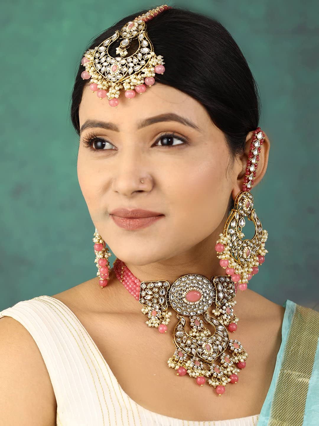 Priyaasi Pink Pearls Beads Kundan Gold Plated Traditional MaangTika Choker, One Size (NL-PR-10407)