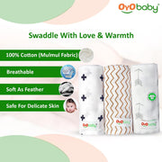 OYO BABY Premium Muslin Cotton Cloth, Baby Washcloths – Extra Soft, Absorbent & Reusable Face Towels for Newborns, Pack of 3 -White | Printed, 100x100cm | 0-18 Months