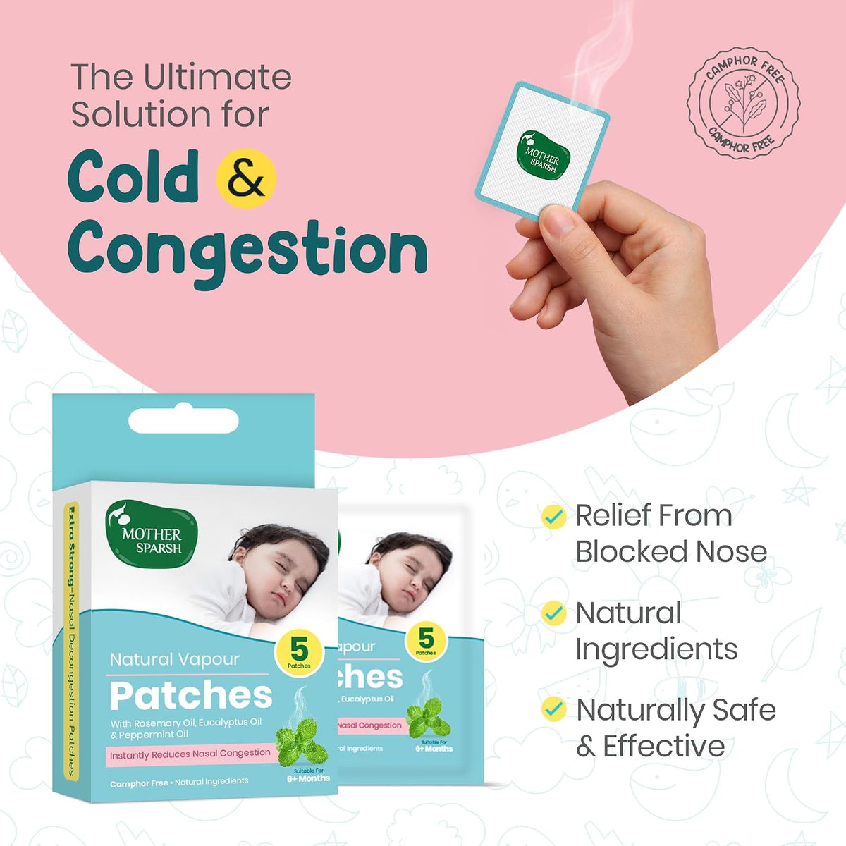 Mother Sparsh Natural Vapour Patches For Kids With Eucalyptus Oil, Peppermint Oil & Thymol Crystal (Camphor Free) | Quick Relief from Runny Nose & Nasal Congestion | Lasts Upto 8 Hrs-(Pack of 5)