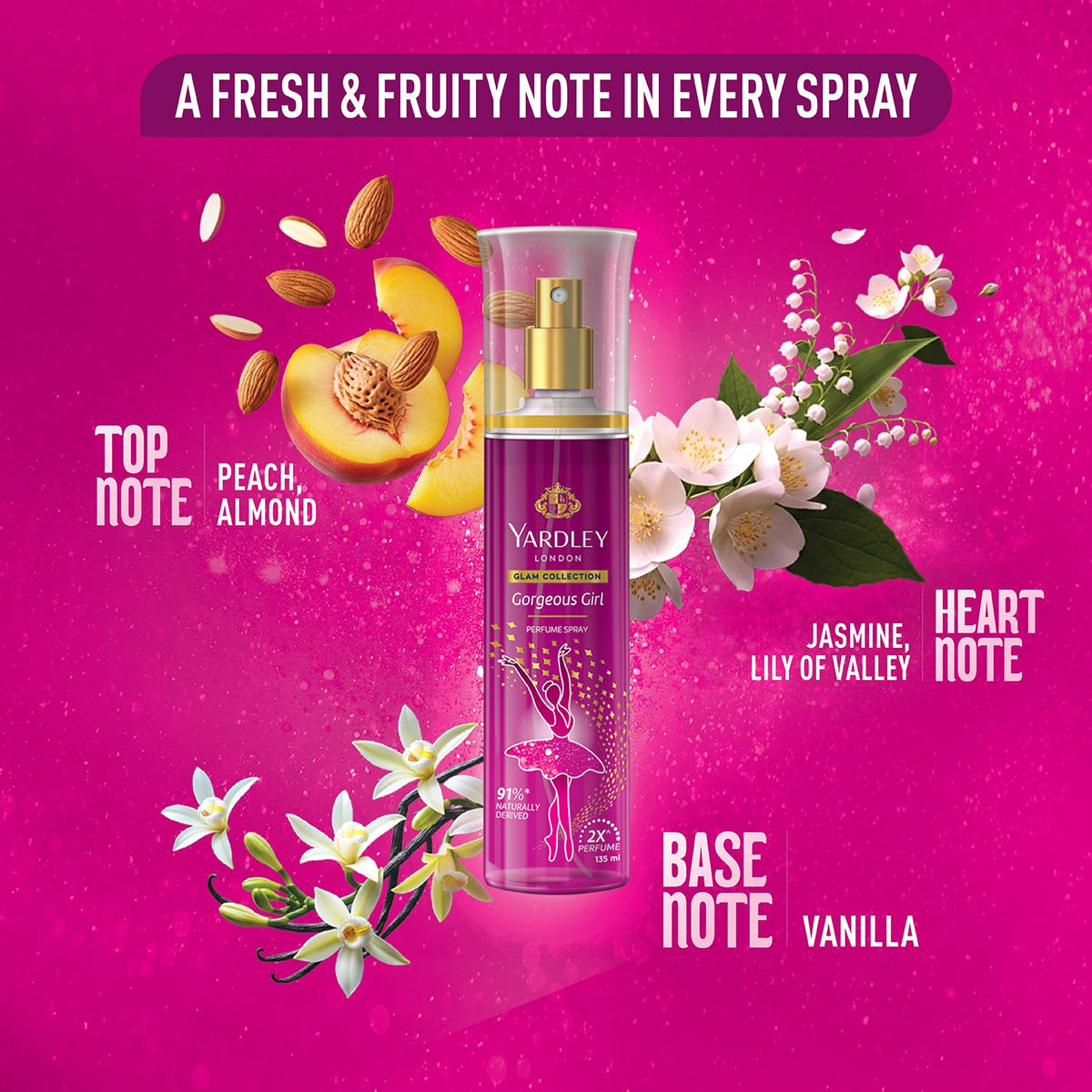 Yardley London Glam Collection Gorgeous Girl Fine Fragrance Body Mist Spray | 2X Perfume for Women | 91% Naturally Derived | Vanilla, Almond & Peach