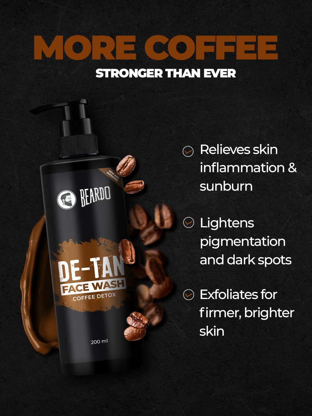 BEARDO DeTan Face Wash for Men, 200ml | Coffee Facewash, Aloe Vera, Vitamin E | Helps to Reduce Tan | Exfoliates & Hydrates for Smooth & Oil Free Skin (Pack of 4)