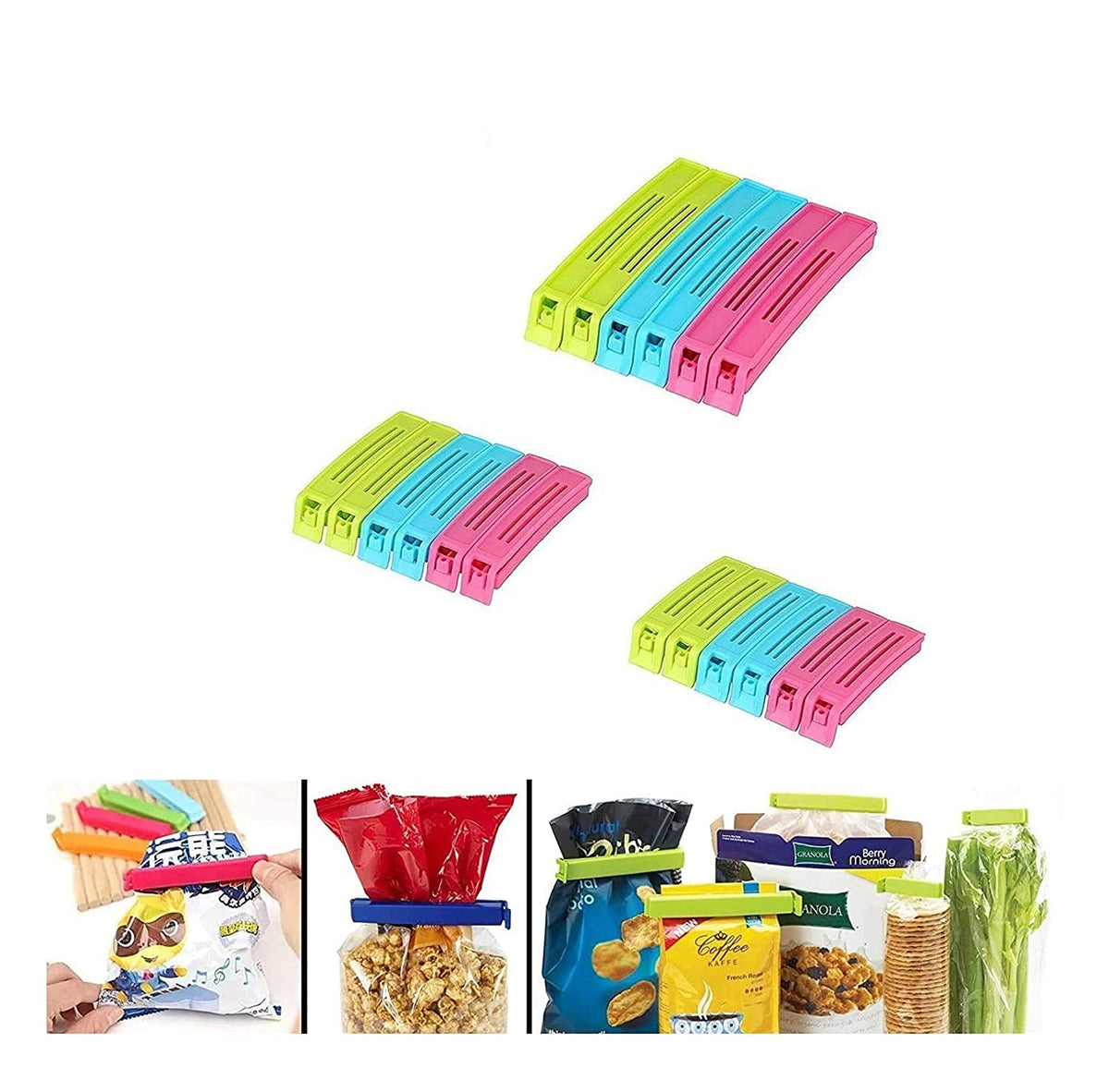 E-COSMOS® 18 Pcs - 3 Different Size Plastic Food Snack Bag Pouch Clip Sealer Large, Medium, Small Plastic Snack Seal Sealing Bag Clips Vacuum Sealer (Set of 18, Multi-Color), Mix Size