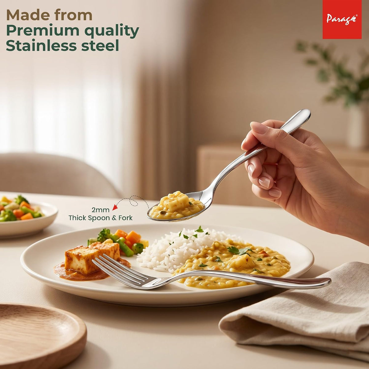 Parage Tiara Stainless Steel Spoon Fork Set of 12, 6 Dinner Spoons 6 Dinner Forks with 2mm Thickness Heavy Gauge Cutlery Set, Mirror Finish Tableware for Home Kitchen Dining