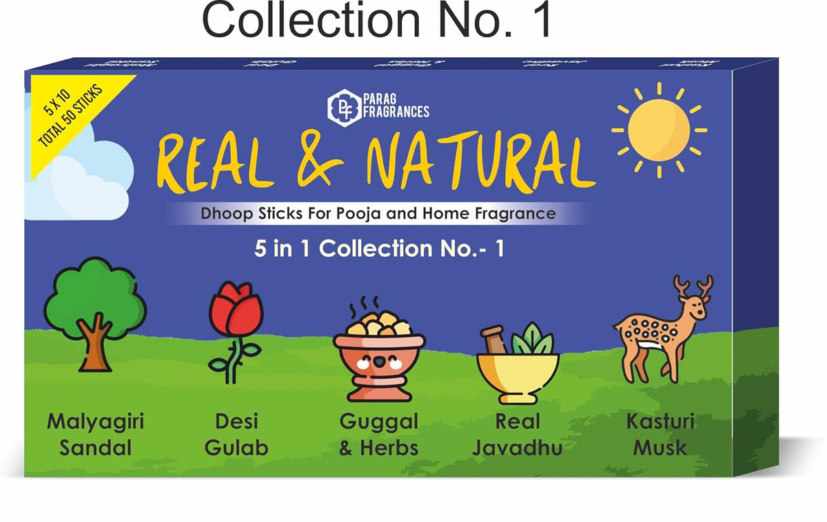Parag Fragrances Real and Natural Dhoop Sticks Collection No.2 (Lal Chandan, Dehnal Oud, Fresh Jasmine, Desi Mitti & Pink Lotus) Dhoop Sticks for Home Fragrances & Pooja/Natural Dhoop Batti