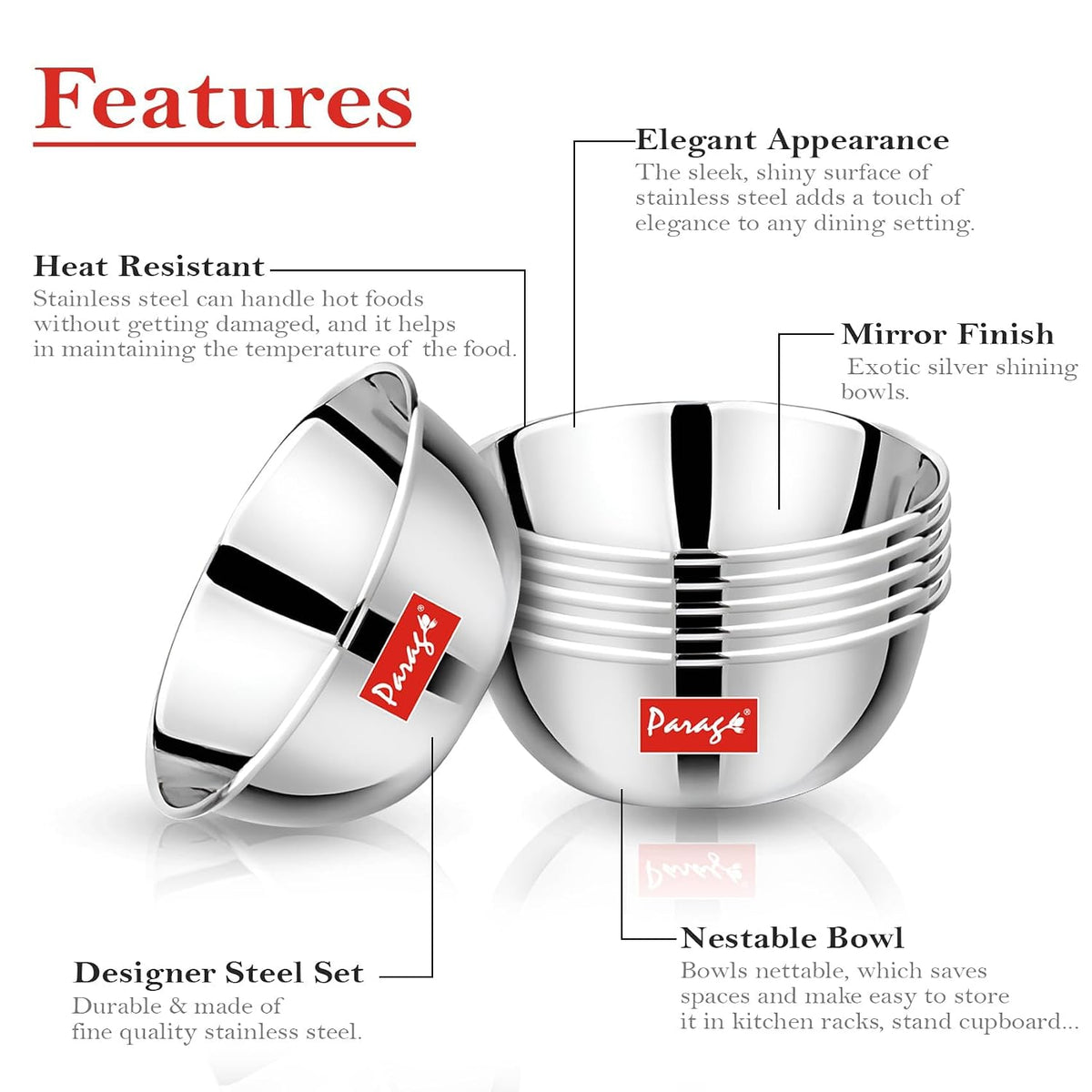 Parage 6 Pieces Stainless Steel Big Size Bowl/Wati/Katori Heavy Gauge with Mirror Finish, 10.2 cm Dia, Set of 6, 220 ml Each, Silver