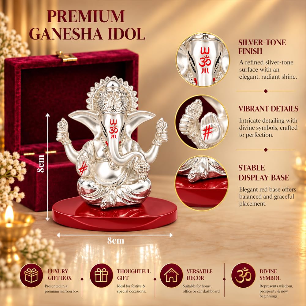 DIVINITI Premium Four Hand Ganesha Idol with Silver-Tone Finish & Vibrant Accents | Lord Ganesh Ji Showpiece with Stable Base & Premium Gift Box | Home, Mandir, Office & Gifting | 8 x 8 cm