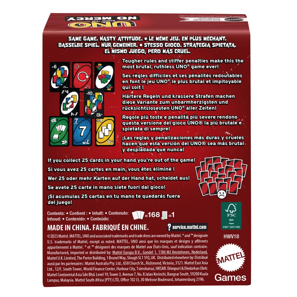 Mattel Games UNO Show ‘em No Mercy Card Game for Kids, Adults & Family Parties and Travel with Extra Cards, Special Rules and Tougher Penalties.