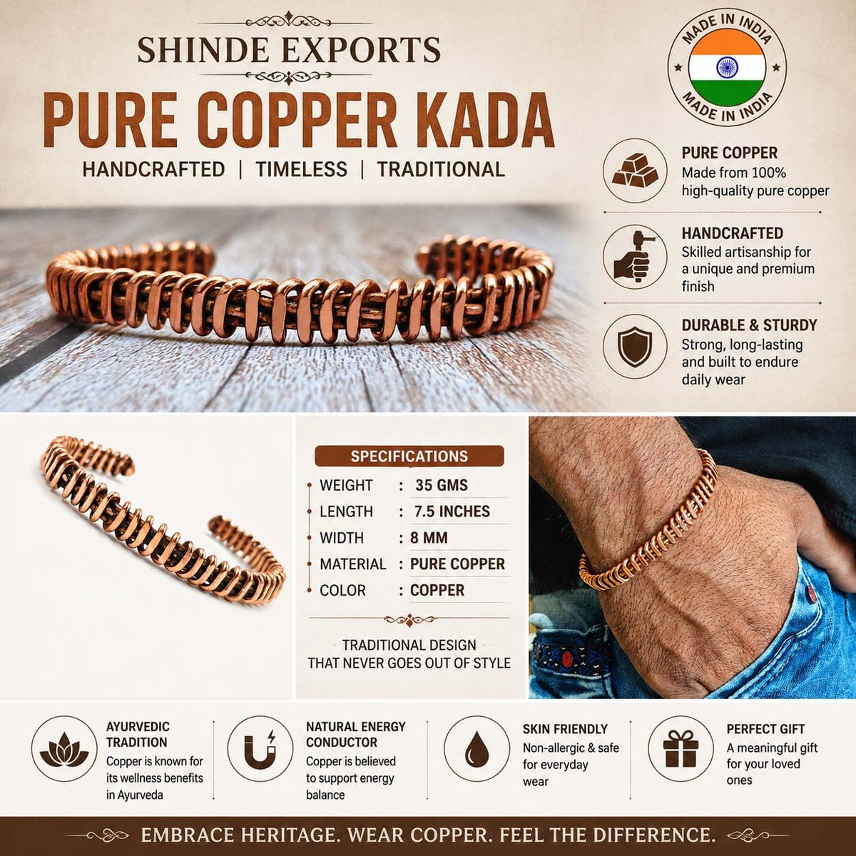 SHINDE EXPORTS pure original copper tamba kada bracelet for men and women boys