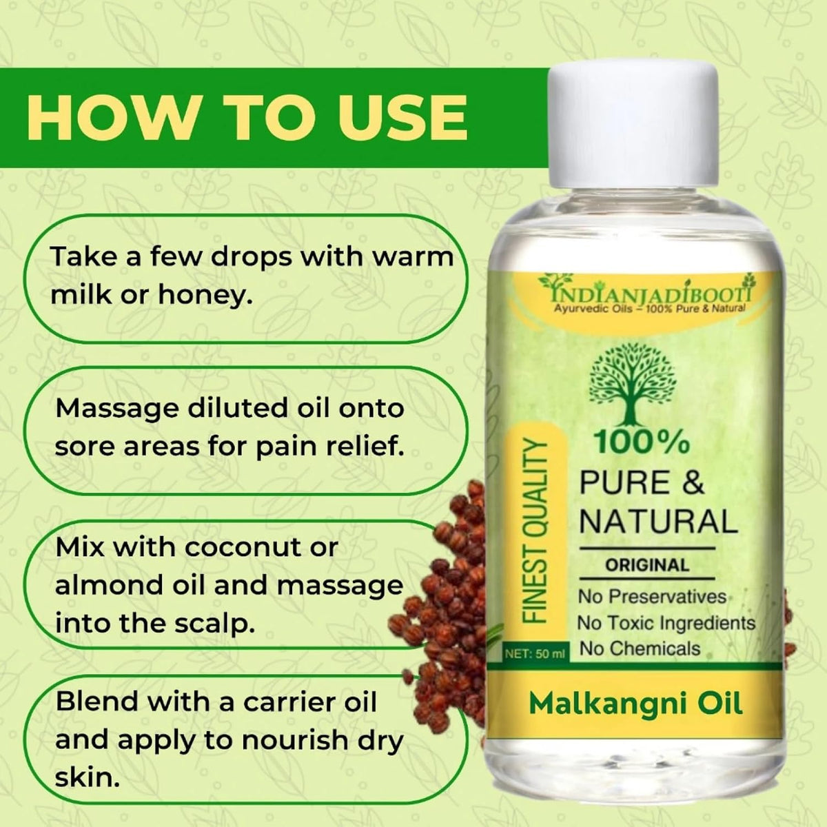 IndianJadiBooti Malkangani Oil - Cold Pressed Jyotishmati Tel (Celastrus Paniculatus) - Pure Oil for Scalp Massage, Focus & Hair Wellness - 50ml