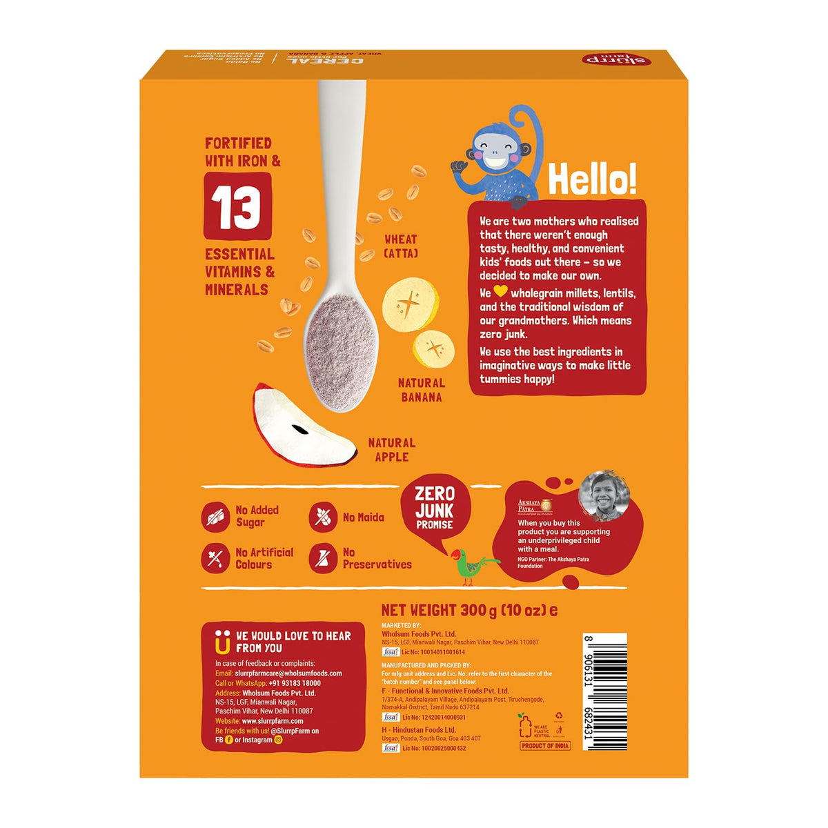 Slurrp Farm No Added Sugar Instant Wheat Apple & Banana Cereal | No Milk No Preservatives | 300g
