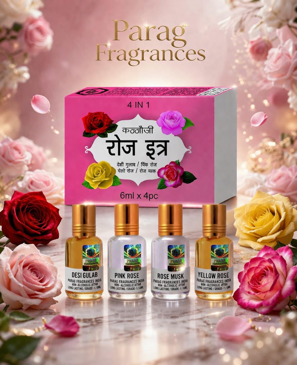Parag Fragrances Natural & Premium Liquid Attar Gift Pack For Unisex (Rose 4x1)