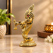 KridayKraft Lord Krishna Idol Playing Flute with Peacock, 14 cm Golden Aluminium Bansuri Krishna Murti for Home Mandir, Pooja Room, Janmashtami Décor & Religious Gifting