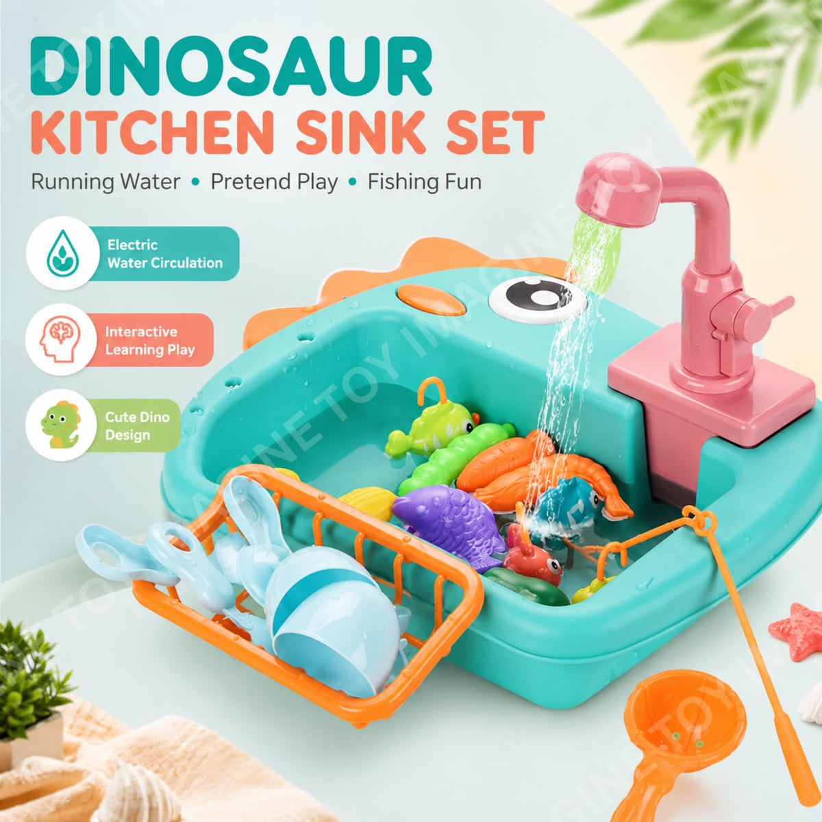 Toy Imagine 2-in-1 Electric Dinosaur Kitchen Sink Play Set for Kids, Recycling Running Water Faucet with Fishing Game, Pretend Dishwashing Toy with Utensils & Accessories for Boys & Girls Ages 3+