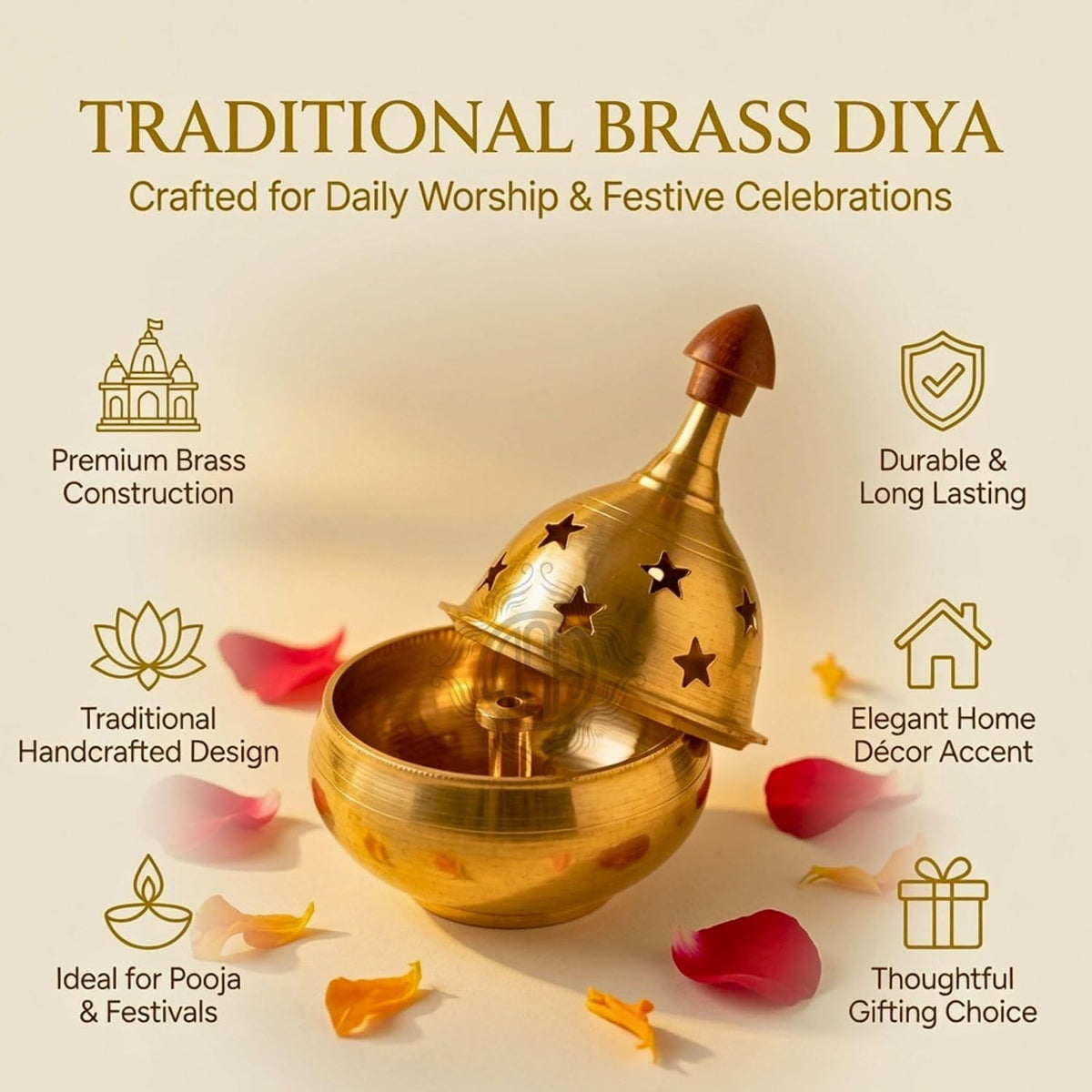 DSH Brass Diya Pure Brass Traditional Oil Puja Lamp for Temple, Mandir, Festival Decoration, Home Decor & Diwali Gift (Star Dome, Set of 4)