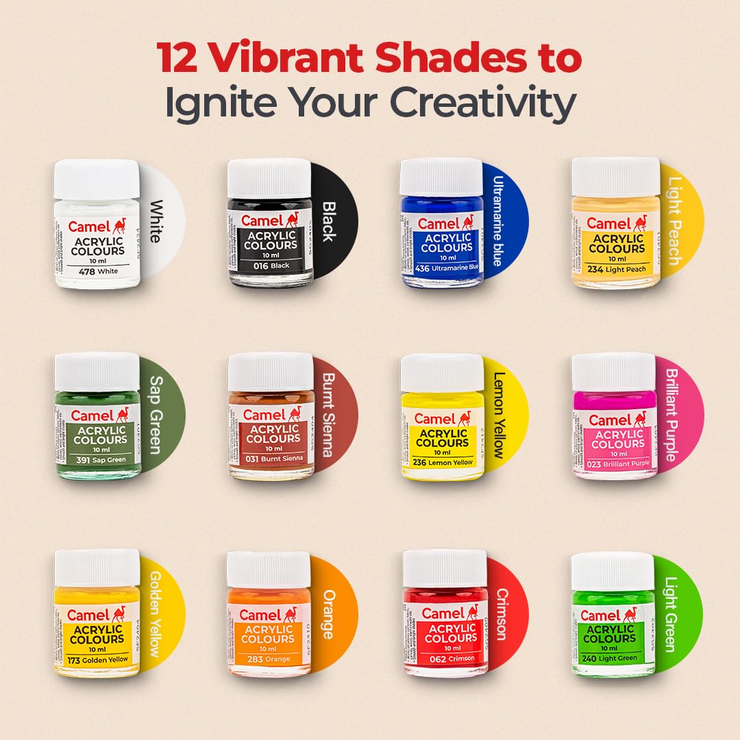 Camel Acrylic Ultra Colour – 12 Rich Shades (10ml each) | Multi-Surface DIY Paints | Vibrant & Permanent Colors | Suitable on Canvas, Wood, Fabric, Paper and Ceramics