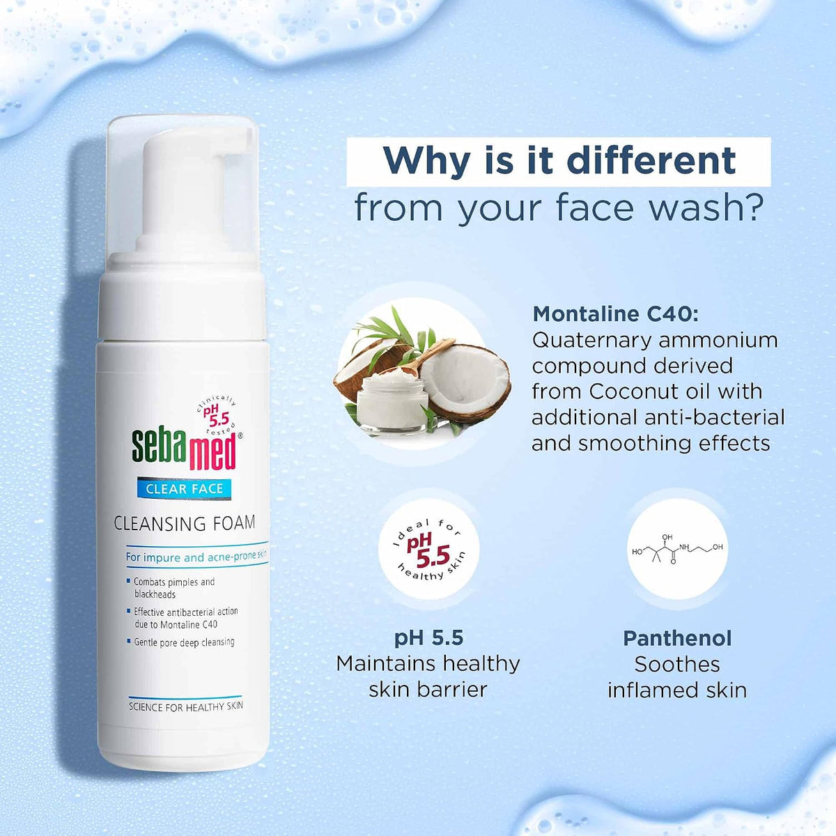 Sebamed Clear Face Cleansing Foam| pH 5.5 | Combats pimples with Montaline C40 | Deep pore cleansing | Dermatologically & clinically tested | 150ml (Pack of 2)