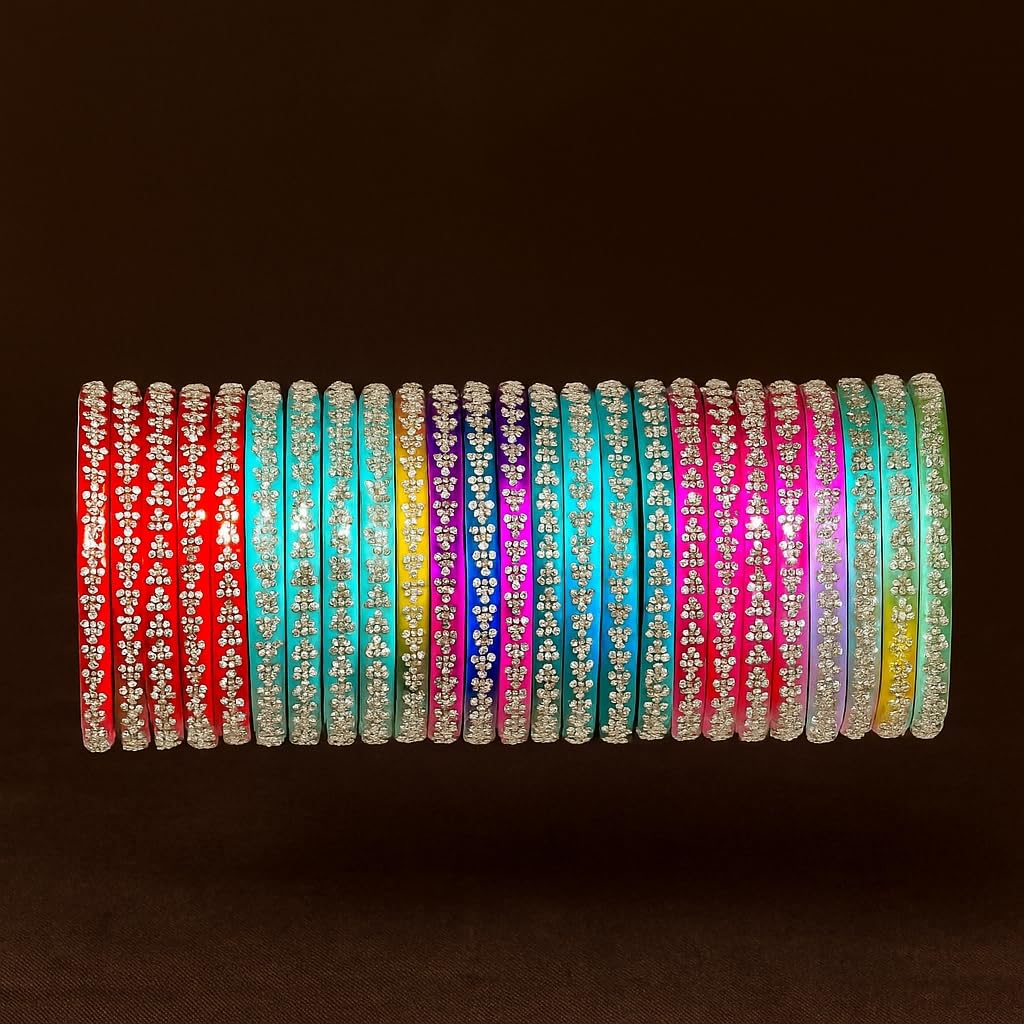 NMII Latest Stylish Glass Bangle Set Studded With Zircon Stones For Women & Girls | Daily Use Chudi Fancy | Trendy Glass Bangles | Kanch Ki Chudi For Ladies | Festive Glass Bangles For Girl-Pack Of 24