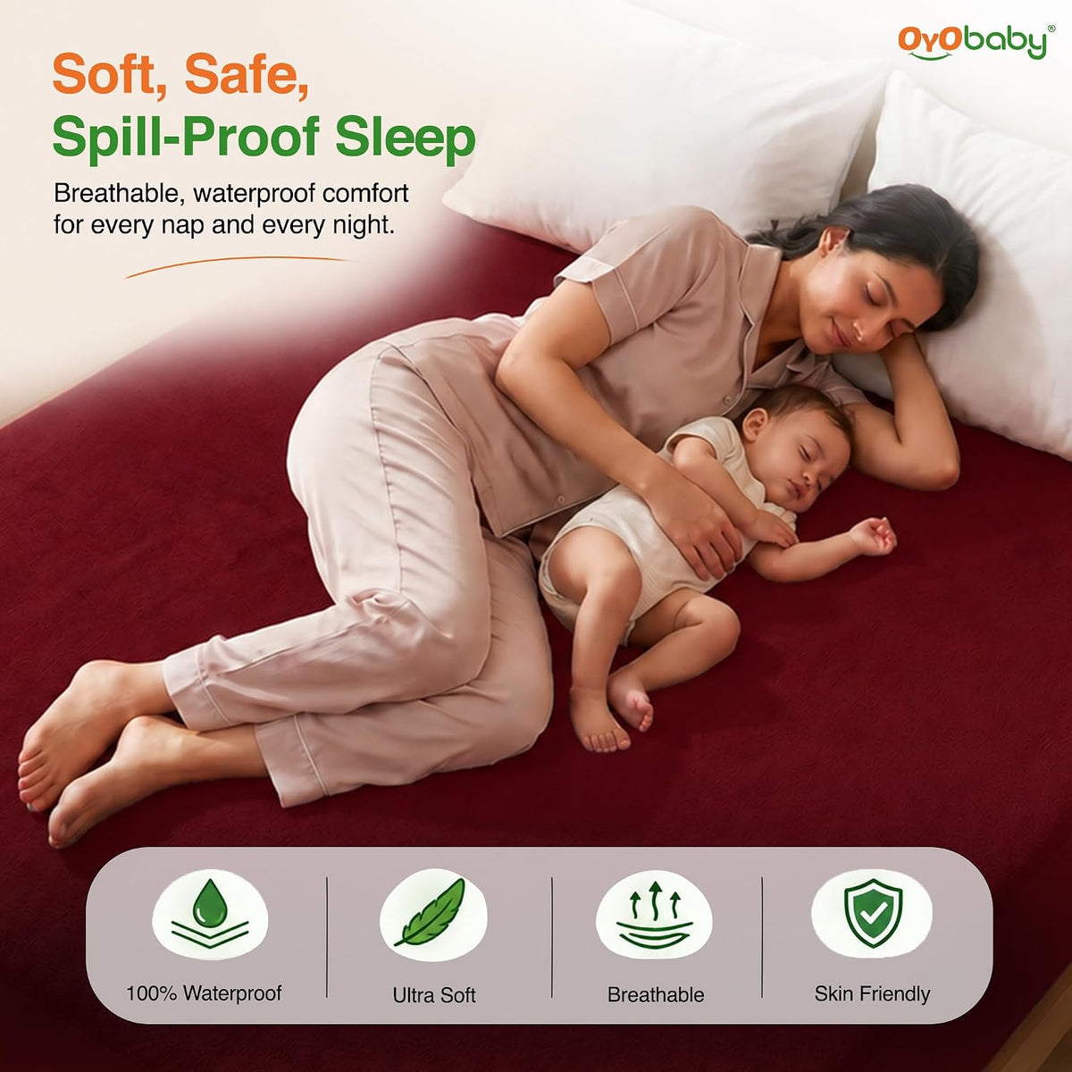 OYO BABY Twin Mattress Protector | Soft Cotton Feel Terry Bed Cover with Waterproof TPU Protection | Breathable, Secure 360° Elastic Fit | For Kids, Baby & Family Bed | 78x48 Inch (6.5 x 4 Ft) -Maroon