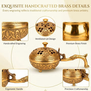 DSH Brass Incense Burner with Handle & Ventilated Lid Dhoop Dani for Pooja, Havan, Meditation & Home Fragrance Traditional Brass Loban Burner with Ash Collector