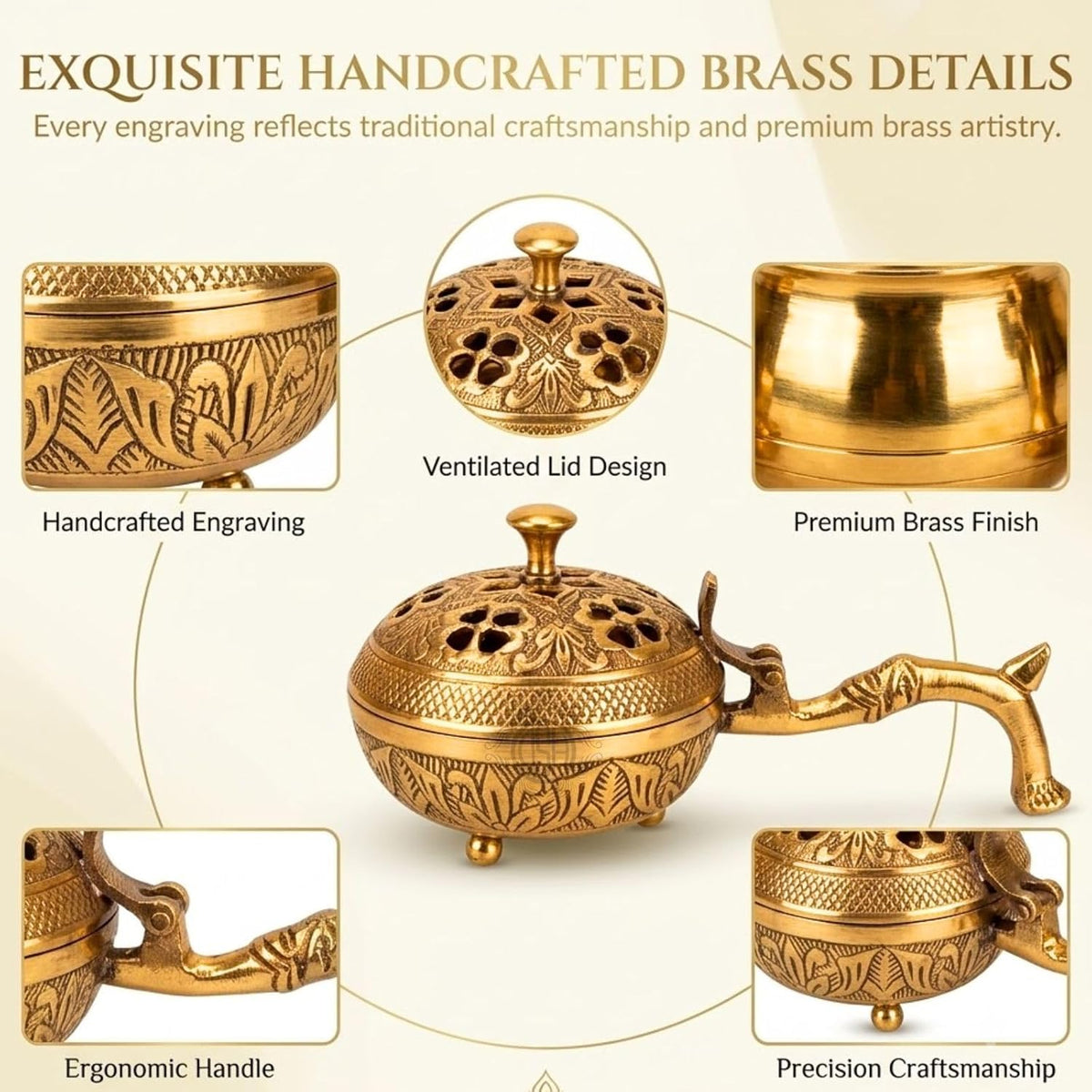 DSH Brass Incense Burner with Handle & Ventilated Lid Dhoop Dani for Pooja, Havan, Meditation & Home Fragrance Traditional Brass Loban Burner with Ash Collector