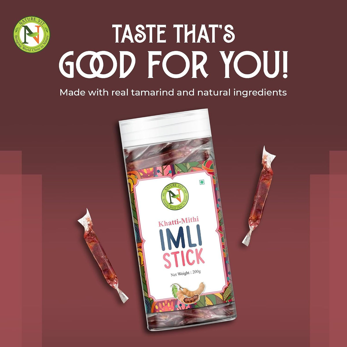NatureVit Imli Candy Sticks 1 Kg– Khatti Meethi Tamarind Stick Candy | Sweet & Sour Mouth Freshener | Tangy Digestive Treat