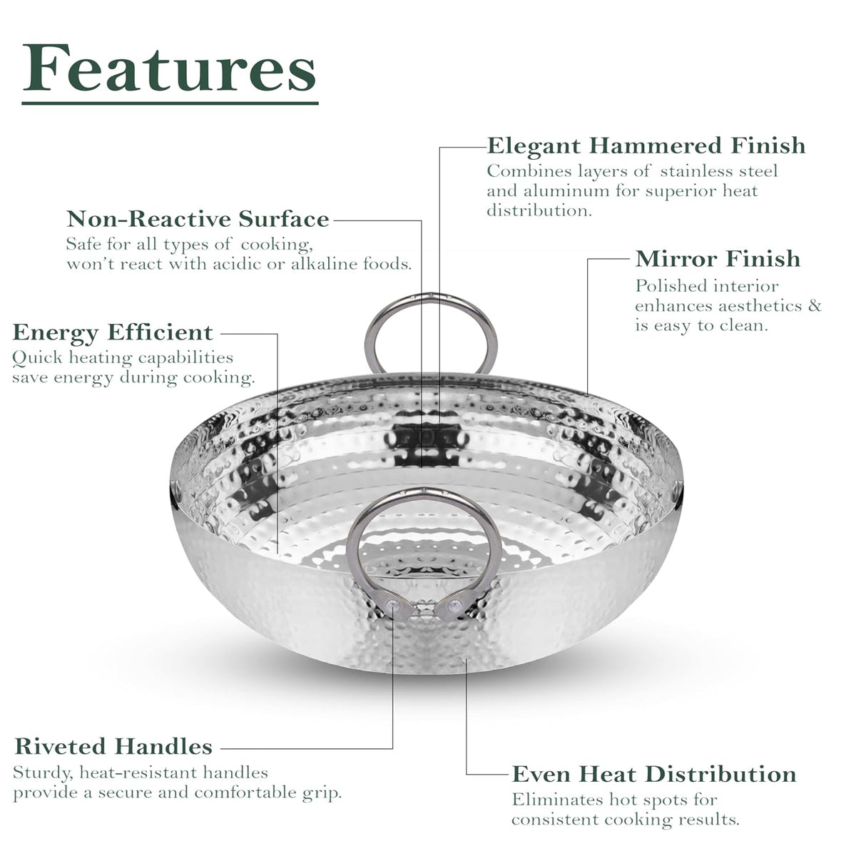 Parage 1 Pieces Stainless Steel Hammered Kadhai 2 LTR with Heavy Bottom for Kitchen/Utensils for Cooking, Deep Frying | Gas Stove Friendly Cookware (Silver)
