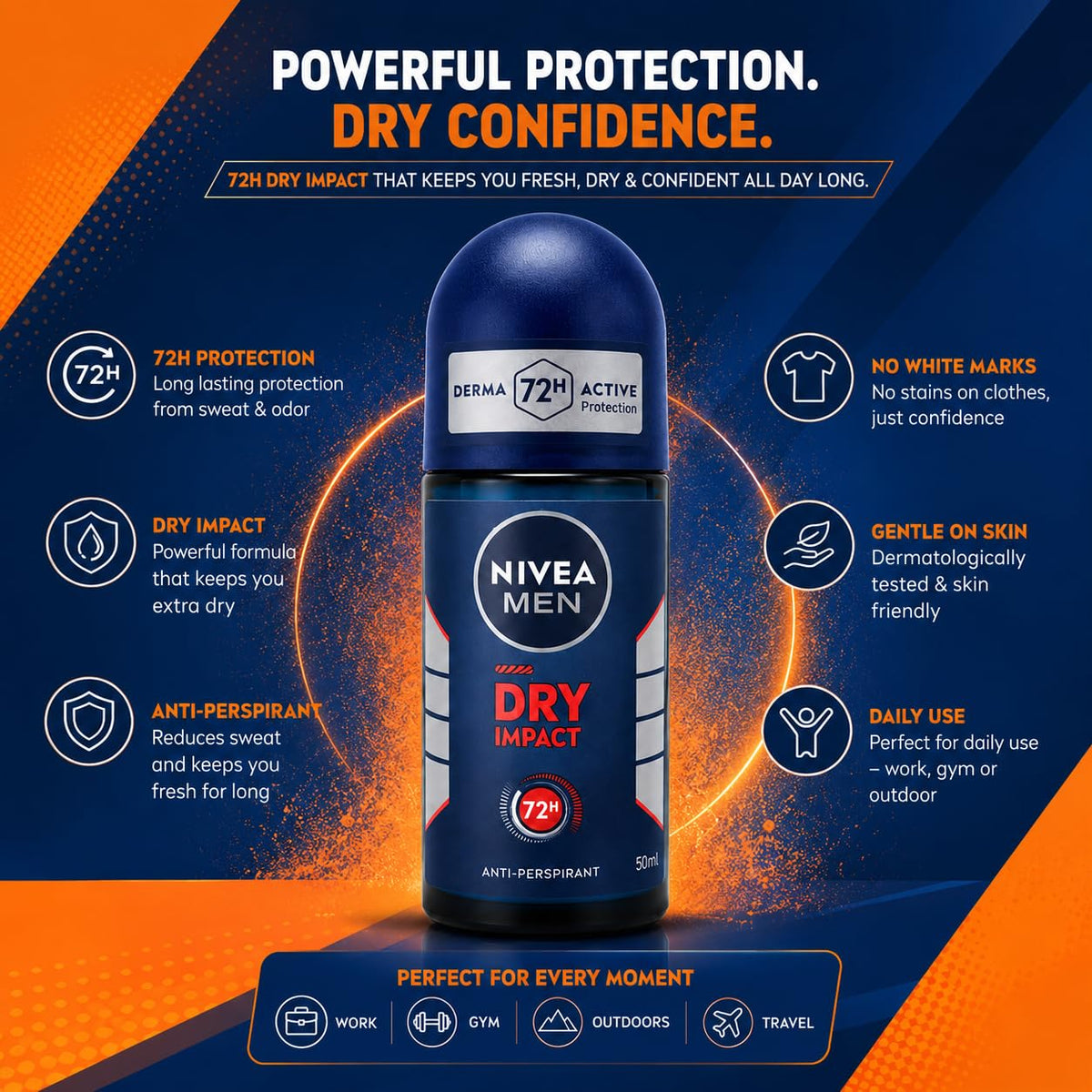Nivea Men Dry Impact 72H Anti-Perspirant Roll-On 50ml | Powerful Sweat Control & Odor Defense | Fresh Masculine Fragrance Daily Deodorant for Men