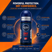 Nivea Men Dry Impact 72H Anti-Perspirant Roll-On 50ml | Powerful Sweat Control & Odor Defense | Fresh Masculine Fragrance Daily Deodorant for Men