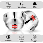 Parage 6 Pieces Stainless Steel Big Size Bowl/Wati/Katori Heavy Gauge with Mirror Finish, 10.2 cm Dia, Set of 6, 220 ml Each, Silver